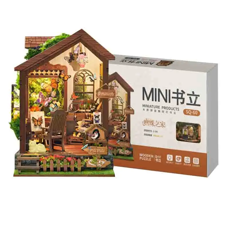 

DIY Wooden Butterfly House Book Nook Figurines Miniatures Bookend Handmade Bookshelf for Friends Xmas Gifts Home Decor Crafts