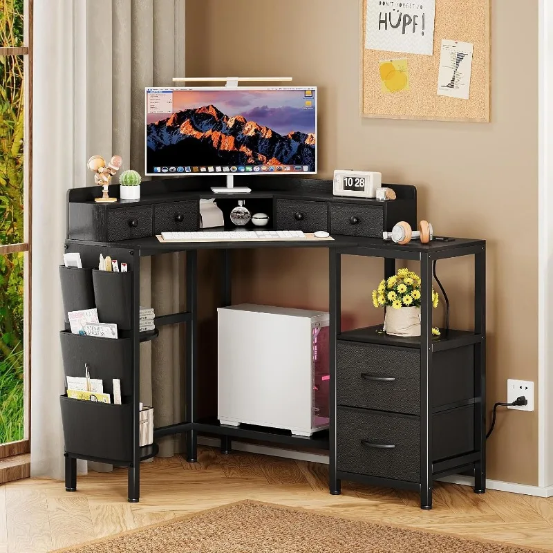 Corner table with suitable with power socket, printer holder, black, write in space