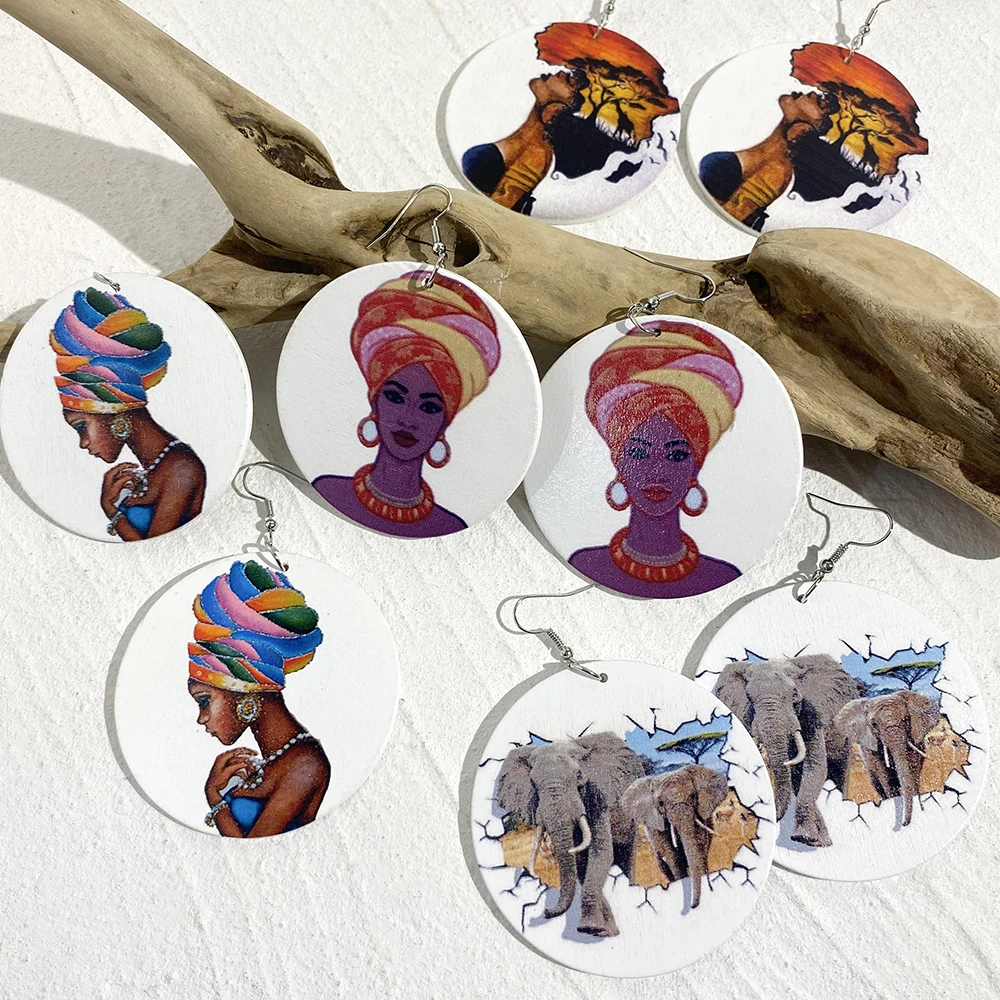

AENSOA Women's Popular Double-sided Printed Wooden Earrings African Round Geometry Cartoon Figure Pattern Design Jewelry 2024