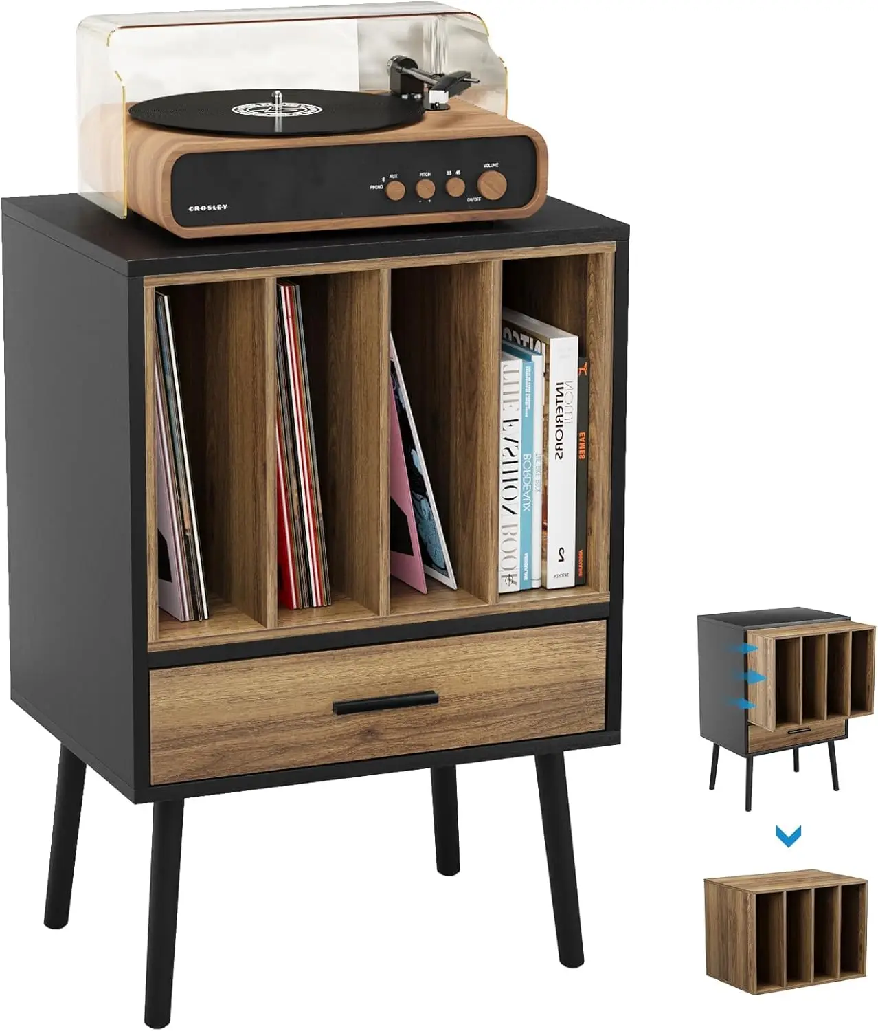 

Record Player Stand with Nesting Vinyl Storage Crate, Turntable Table with Drawer and Solid Wood Legs for Living Room Bedroom