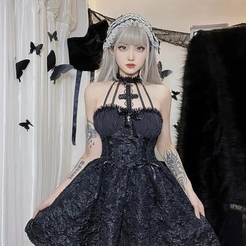 loween Cross Strap k Gothic Puffy Skirt Ne Hanging Dr High Waist Knitted Fabric Date Night ort Dr without Sve