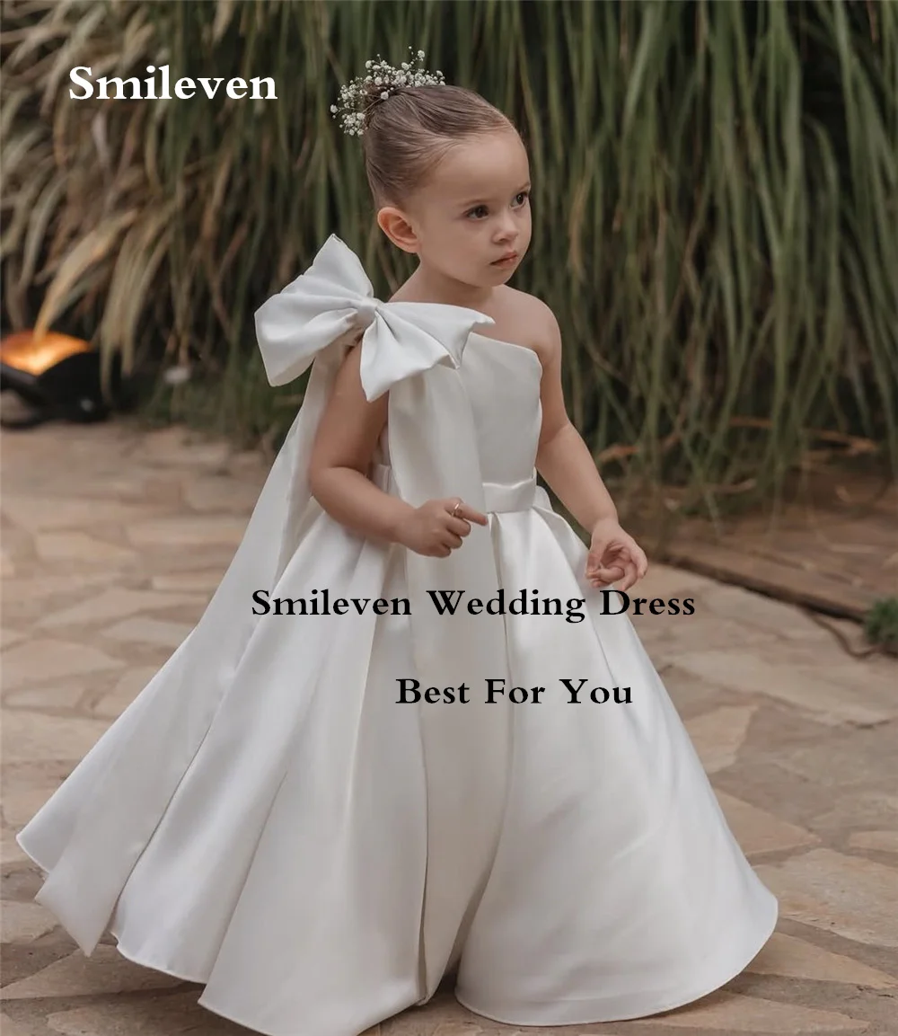 Smileven Ivory Satin One‑Shoulder Flower Girl Dresses Side Bow A‑Line Wedding Dress Elegant Communion Party Gowns Customized
