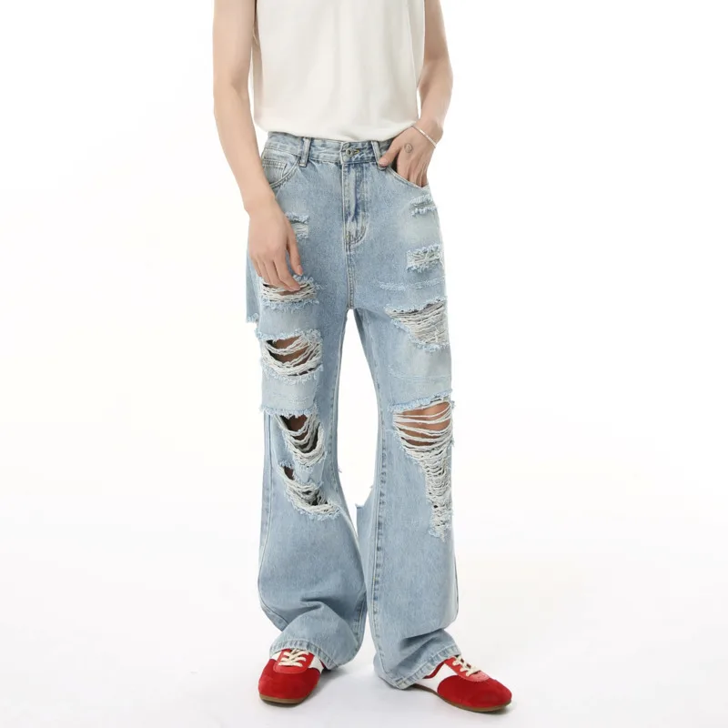 

SYUHGFA Men's Jeans New American High Street Style Personalized Hole Design Distressed Straight Wide Leg Male Denim Pants 2025