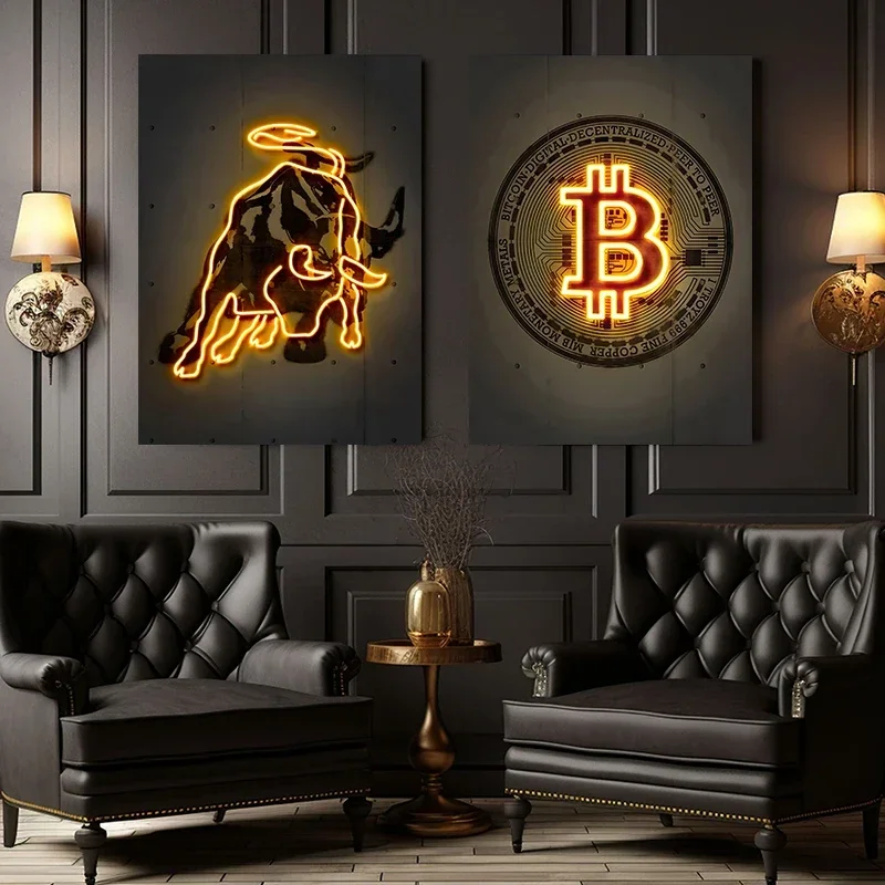 Neon Bitcoin Bull Crypto Gold Wall Art Canvas Painting Cattle Poster and Print Picture Home Decoration for Living Room Decor