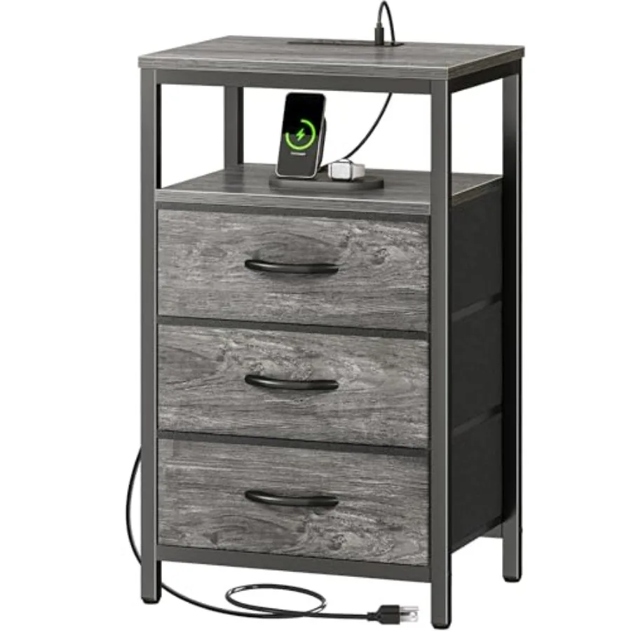 

Прикроватная тумбочка с зарядной станцией, 7,6-дюймовый прикроватный столик с USB-портами и розетками, тумба для спальни с тканевой обивкой