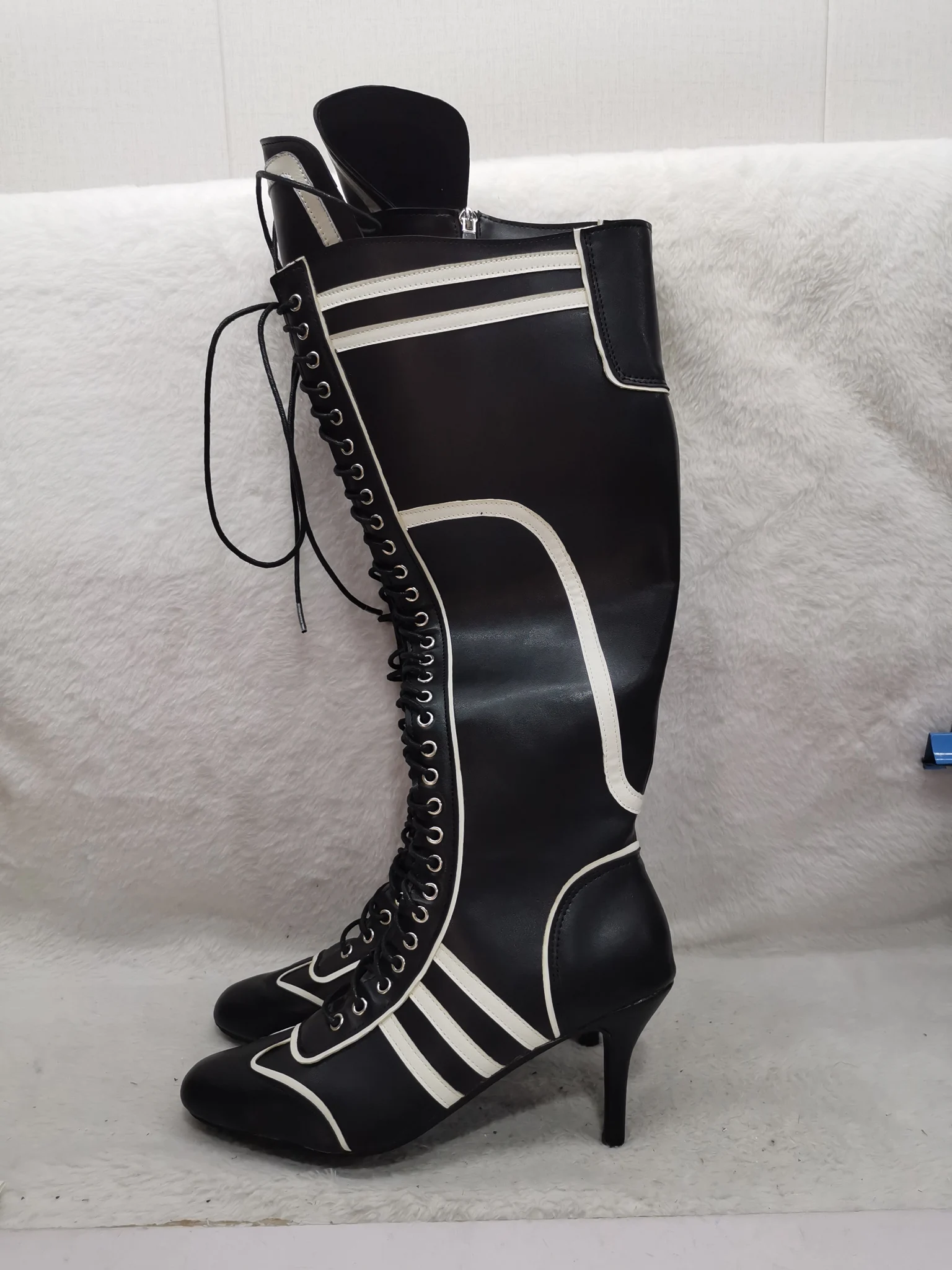 

Cross Tied Patchwork Fashion Boots Pointed Toe Thin Heels Lace Up Black and White Spicy Girl Knee High Boots 2025 Street Style