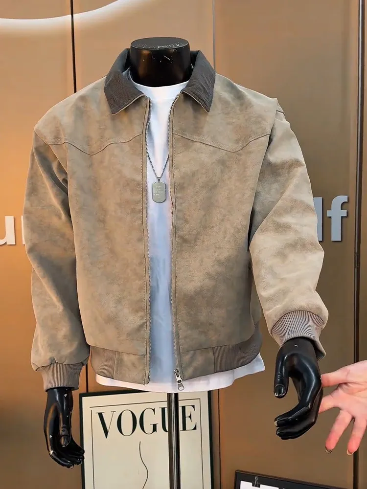 Spring Grey Dyed PU Leather Jacket Baseball Style Short Workwear Coat for Men Casual Flip Collar Flight Jacket