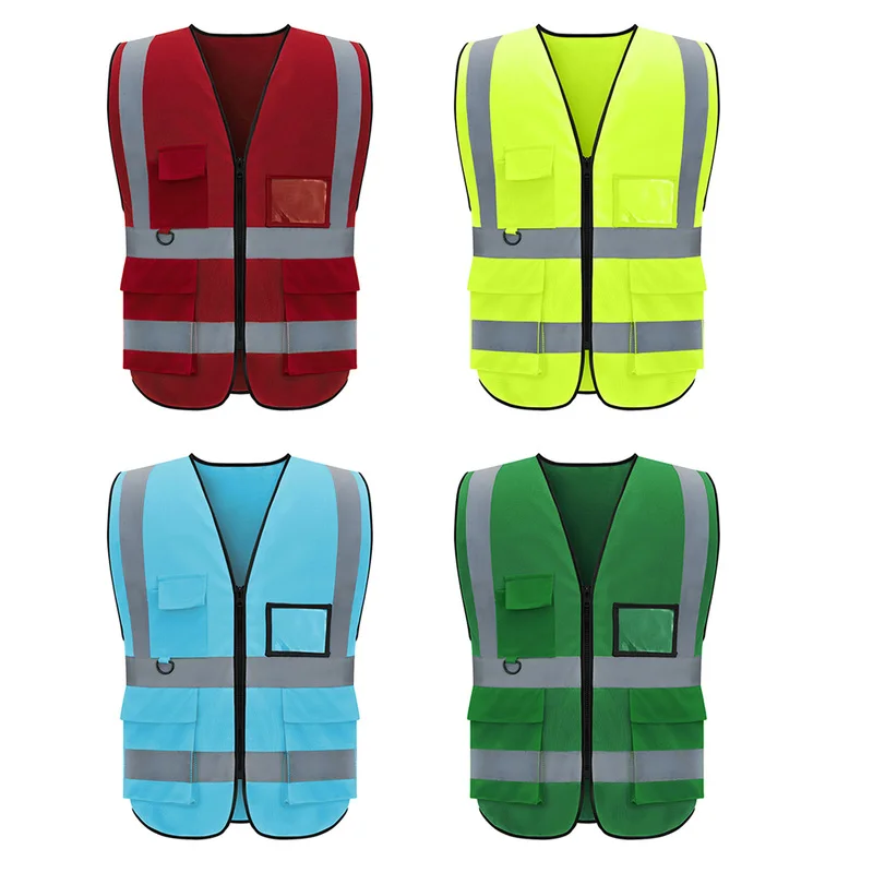 Reflective Safety Vest High Visibility Night Work Security Sleeveless Yellow Vest Construction Workwear Zipper & Pockets Adultsr