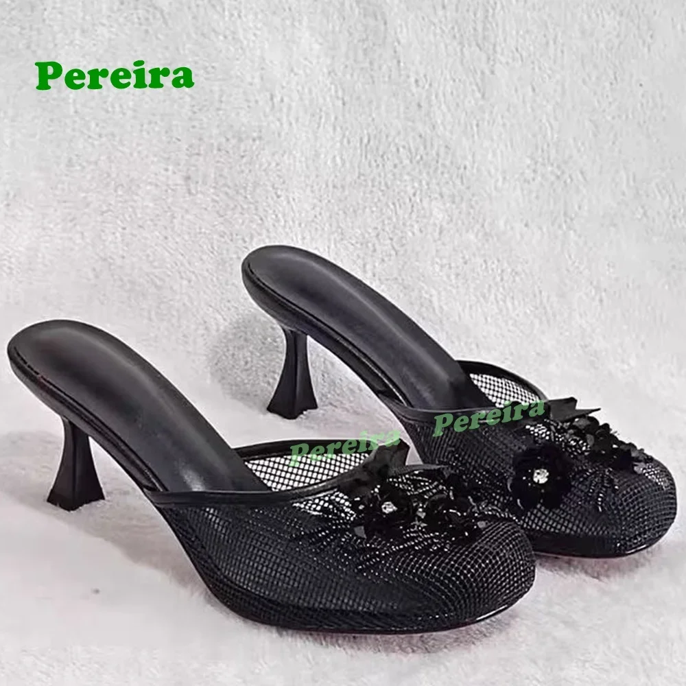 

Pink Air Mesh Kitten Heels Slippers Flower Decor Embroidery Round Toe Slip On Women's Slippers Outside Summer 2025 New Luxury