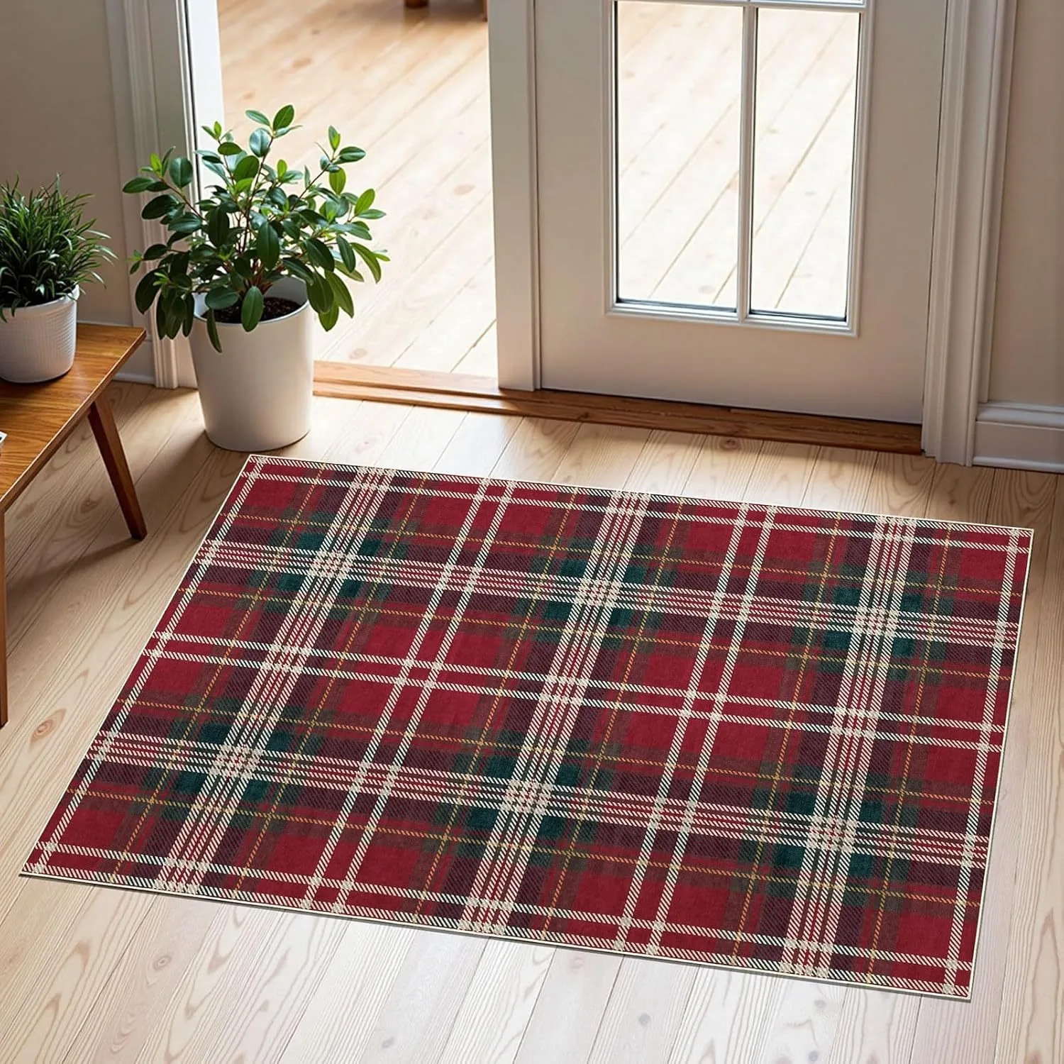 Red Green Tartan Plaid Carpet Warm Retro Floor Mat for Livin