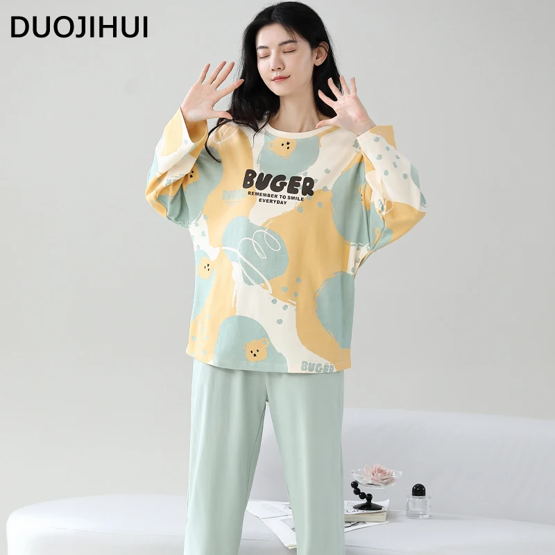 DUOJIHUI-Conjunto de pijama com o pescoço feminino, pijama clássico, pulôver, calça básica, solto, moda simples, roupa de dormir feminina, cor do feitiço, novo, outono