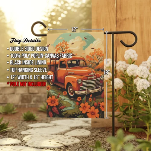 Fall Garden Flag, Classic Orange Truck Hauler, Flowers Trees Mom Gift for Her