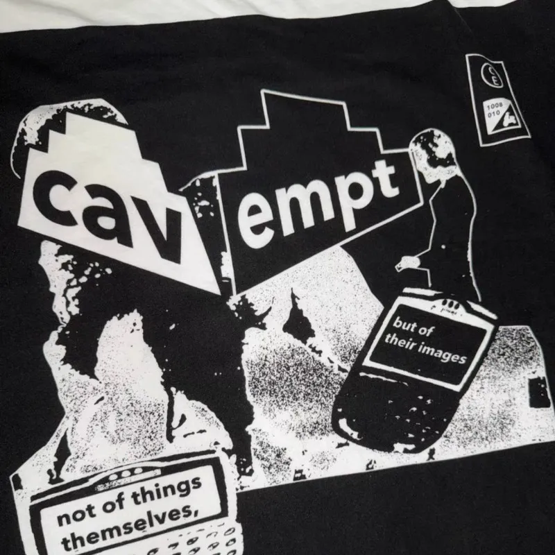 Black White Contrast CAVEMPT Tshirt Abstract Portrait Graffiti Mobile Phone Print Cotton Men Women Streetwear Loose Short Sleeve