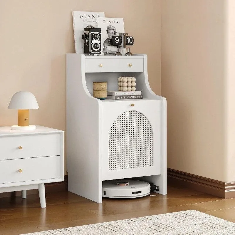 Solid wood sweeping robot movable storage cabinet, simple storage side cabinet rattan rack living room bedroom Nordic
