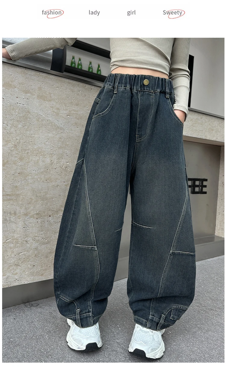 Neues Design Baggy Jeans für Mädchen, Herbst, locker, lässig, elastische Taille, Teenager-Kinder, weite Hosen, Streetwear, Kinderhosen – Detail 8