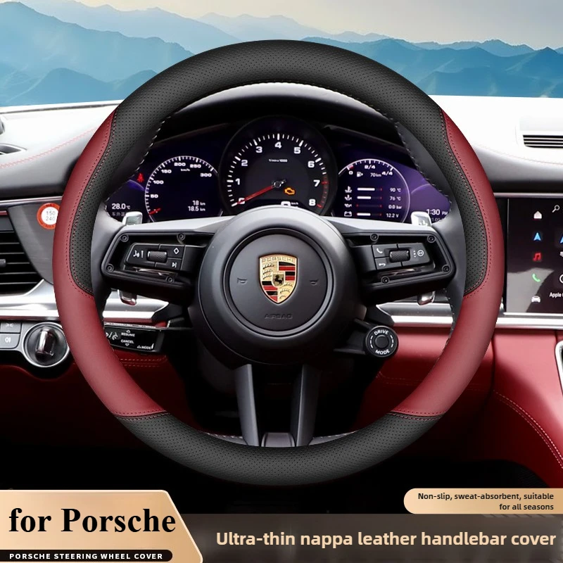 

Leather Car Steering Wheel Cover for Porsche Cayenne Macan Panamera 718 2024 2025 Accessories