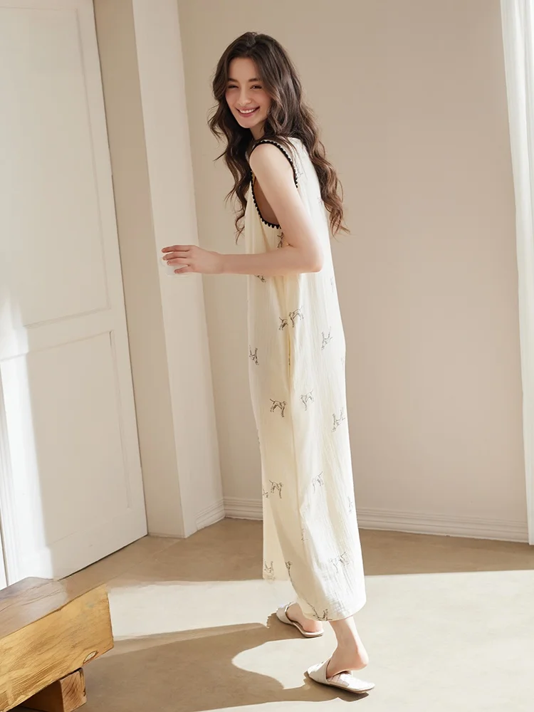xuanjiang-2026-new-style-women's-summer-sleep-dress-with-chest-pad-ultra-long-gown-double-layer-cotton-muslin-home-clothes