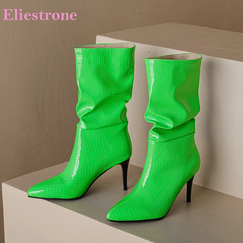 

Новые зимние элегантные зеленые, белые женские ботинки до середины икры, пикантные 3-дюймовые женские туфли на высоком каблуке-шпильке для вечеринок, большие размеры 12, 43 46 48