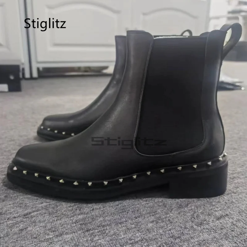 Square Toe Rivet Men's Boots Slip On Genuine Leather Ankle Boots Winter Elastic Boots Black Party Dress Business Shoes for Men