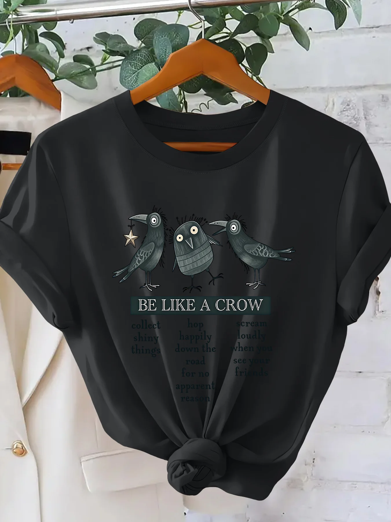 Women's Summer Top Three Crows Be Like A Crow Art Hand drawn Fun Printed Women's T-shirt Three Crows Round Neck Short Sleeve