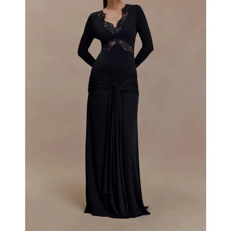 Women V‑Neck Lace Patchwork Sexy Maxi Dress Long Flare Sleeve Bodycon Evening Dress  Party Wedding Guest Dress