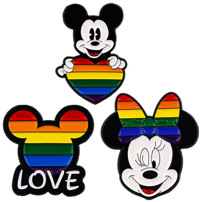 Disney Cartoon Rainbow Mickey and Minnie Mouse Head Brooch Enamel Pins for Backpack Bag Gifts for Lover