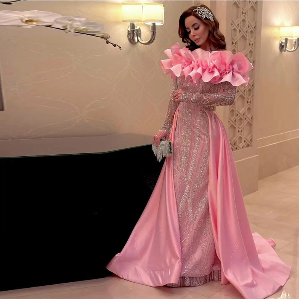 

Вечерние платья с пайетками по индивидуальному заказу и съемным шлейфом с круглым вырезом فساتين سهرة Атласные оборки Формальные платья de fiesta