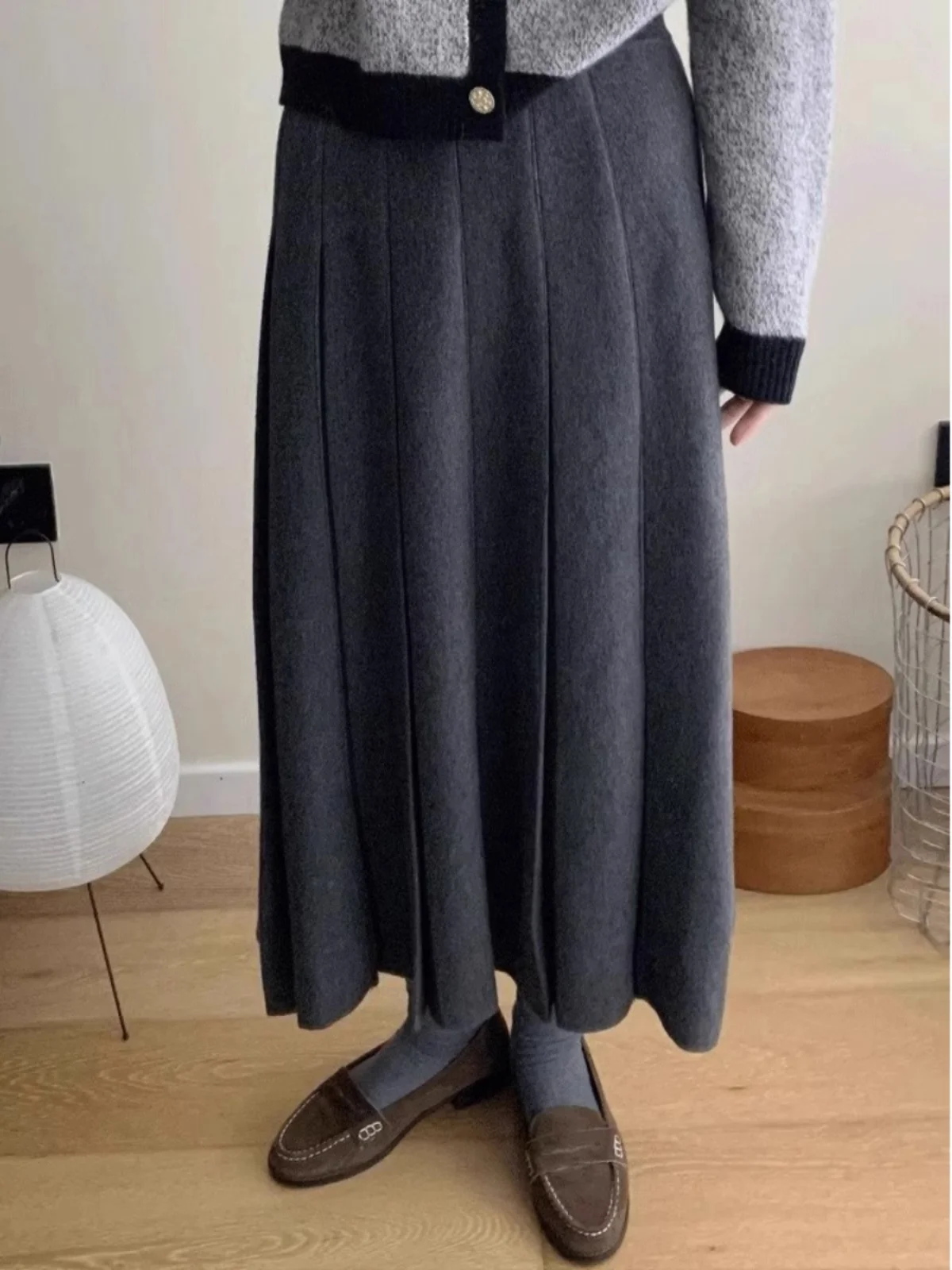 

High Waist ey Woolen A-Line Skirt for Women Korean Sle Commute Pure Color Mid-Length Umbrella Skirt