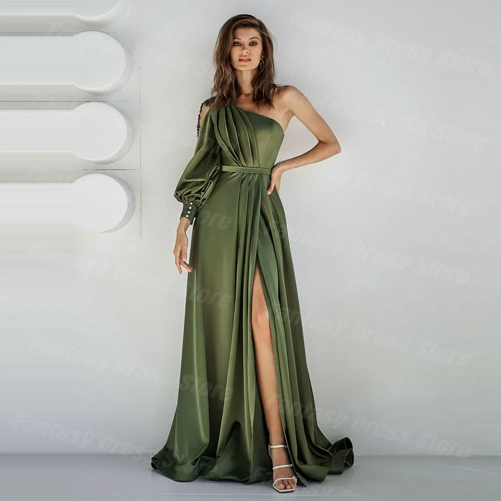 Olive Green Chiffon 2023 Evening Dresses Side Slit One Shoulder Long Sleeves Appliques Prom Gowns For Women Vestidos De Fiesta