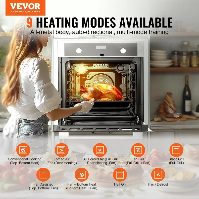 VEVOR Horno de pared individual, horno eléctrico de pared incorporado de 24" con 9 funciones de cocción, hornos de pared eléctricos de 2,68 pies cúbicos con temporizador