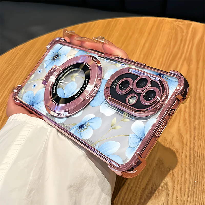 Blue Watercolor Floral Pattern Case For OPPO F29 F27 F23 F19 F11 F25 F21 Pro K10X K12X Plating Four Corners Anti Drop Cases Etui
