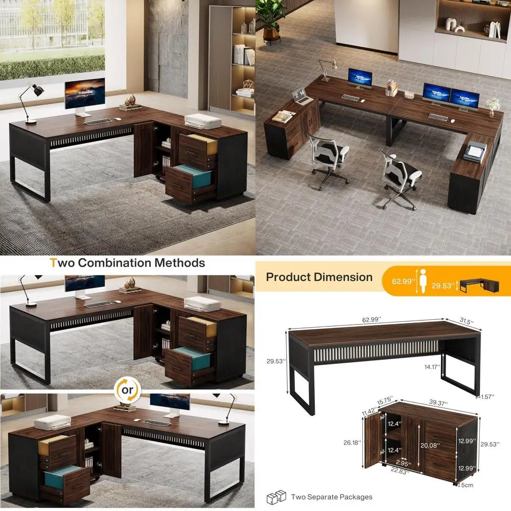 

63-Inch L-Shaped Executive Desk with Mobile ile Cabinet, Large Oice Computer Desk, Businurniture Table with Ders and Storage She