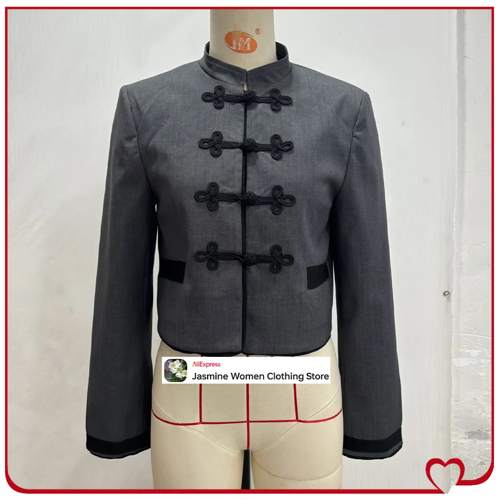 Stylish Frog Fastening Blazers for Women Spring & Autumn High Round Neck Long Sleeves Blazers with Contrasting Cuffs and Pockets