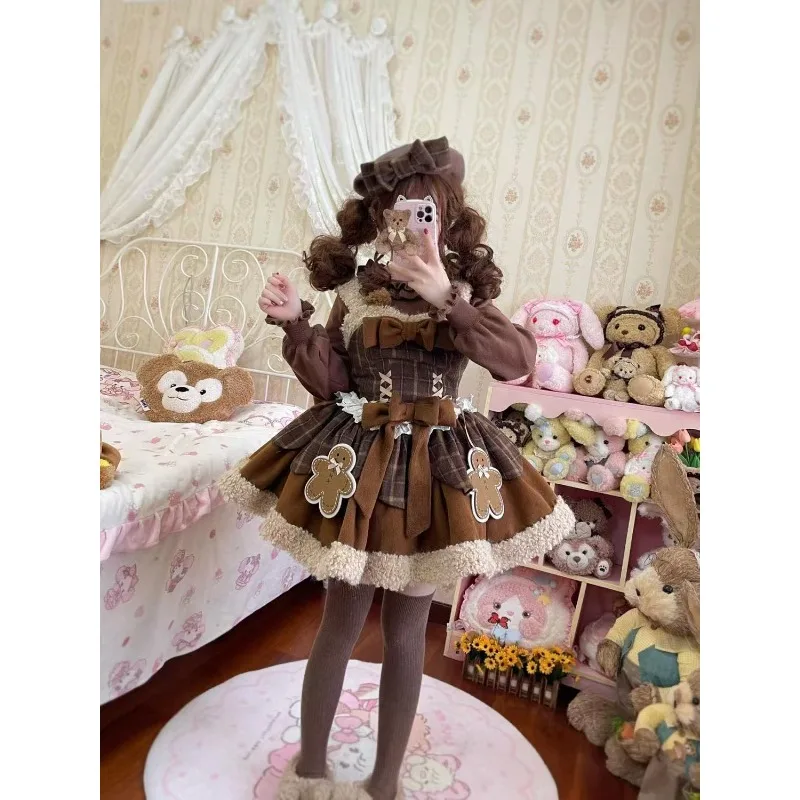 الشتاء اليابانية Kawaii لوليتا المرأة الدعاوى الحلو التخسيس 2 قطعة مجموعة اللون حجب فستان متقلب معطف الرأس ملابس امرأة