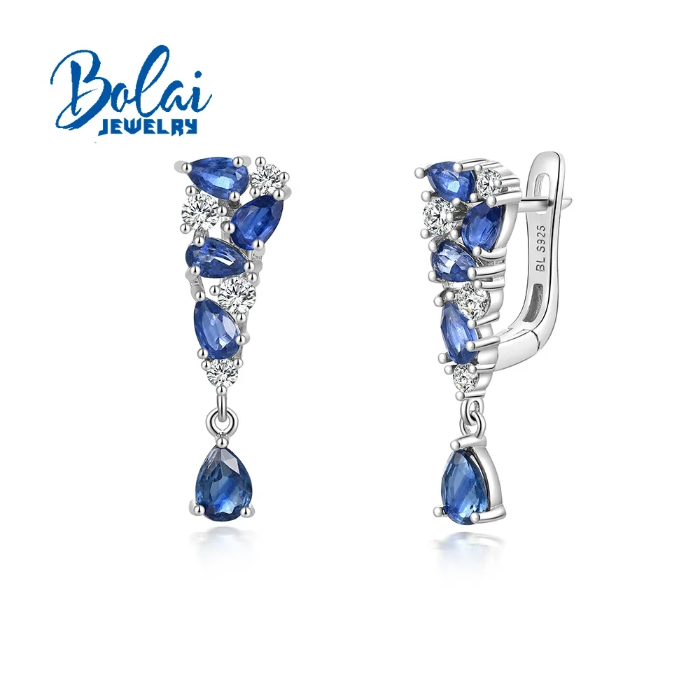 S925 silver Long dangling clasp silver earrings with natural blue kyanite gemstones fine jewelry for women daily wear gift party