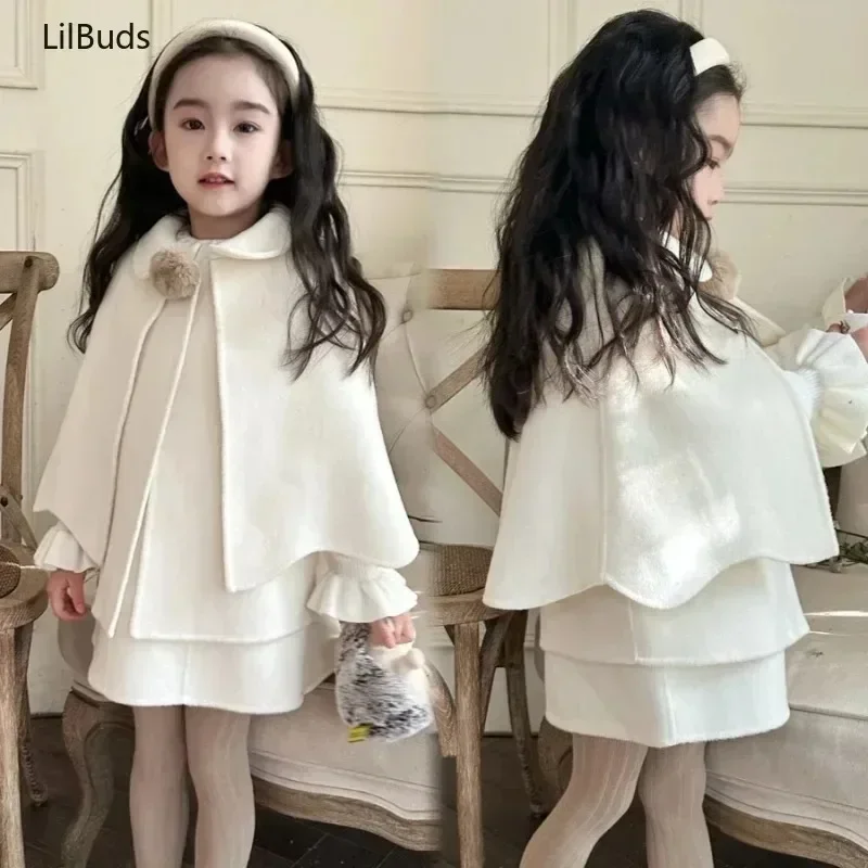 2024 Korean Children's Wool Double-Face Coat Outdoor Cashmere Handstitched Cloak Kids Girls Outerwear Top Winter Autumn Clothing