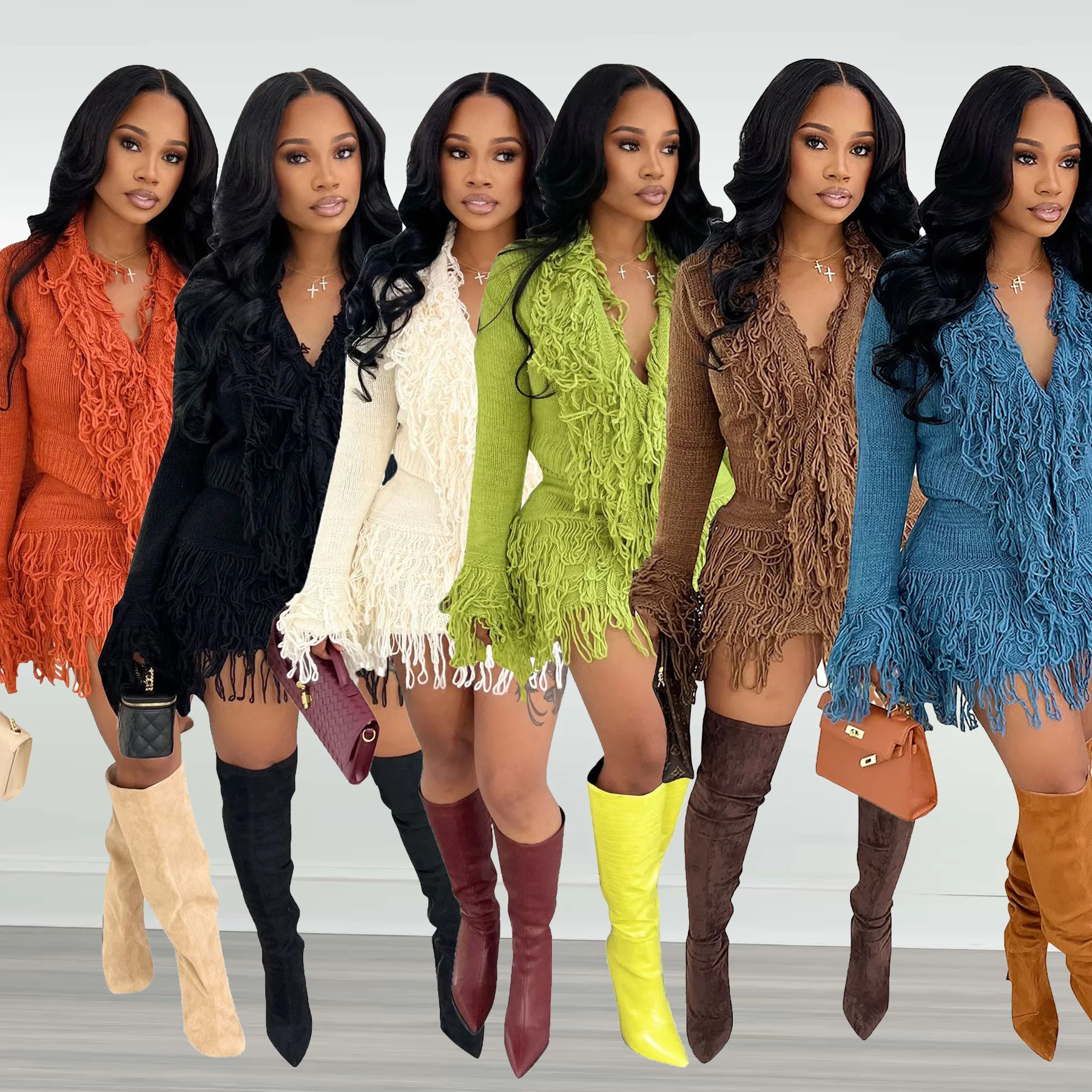 

Crochet Knit Dress 2 Piece Skirt Sets 2025 Women Winter Sexy Knitted Sweater Fringe Dress Elegant Two Piece Sets Outfit Knitwear