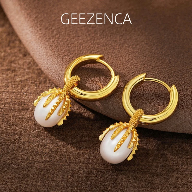 GEEZENCA 925 Silver Rivet Pattern Natural Pearl Dangle Earrings For Women 18K Gold Water Drop Unique Chic  Earring 2024 New Gift