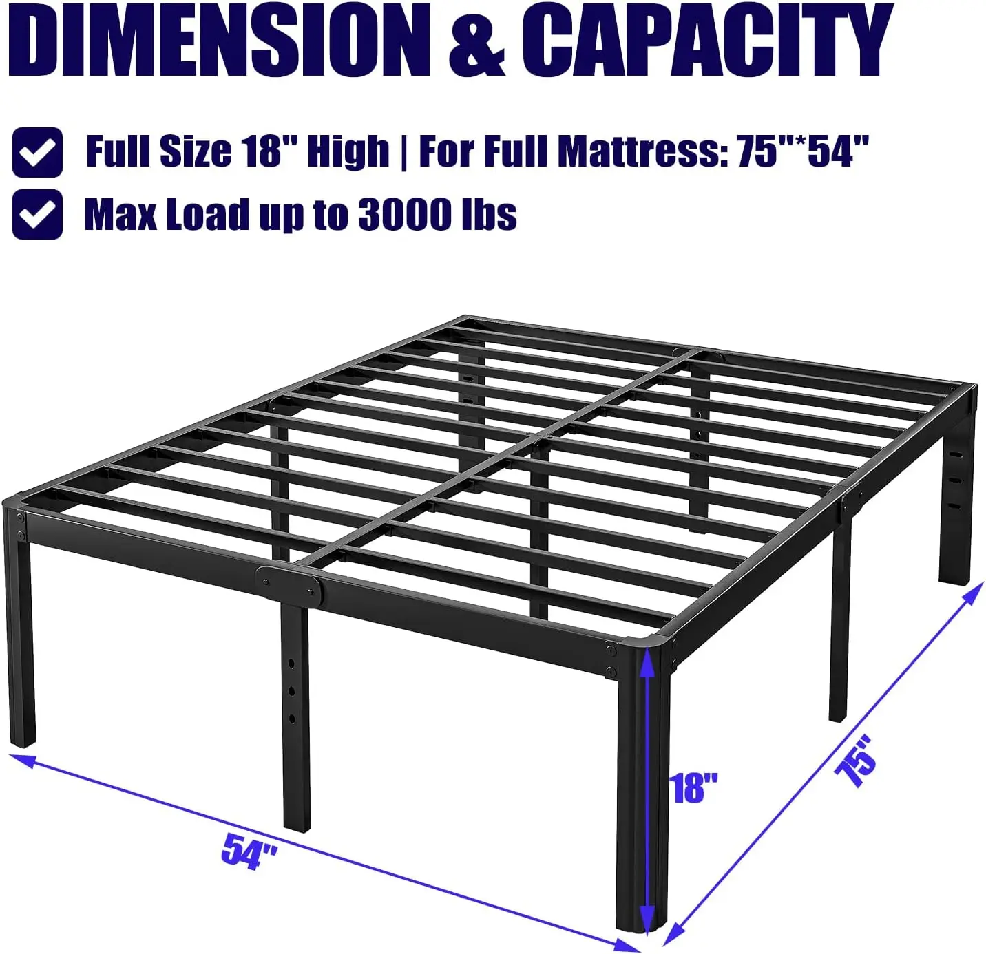

18in Full Size Bed Frame No Box Spring Needed, Heavy Duty Metal Platform Bed Frame Full with Round Corners,Noise Free, Black