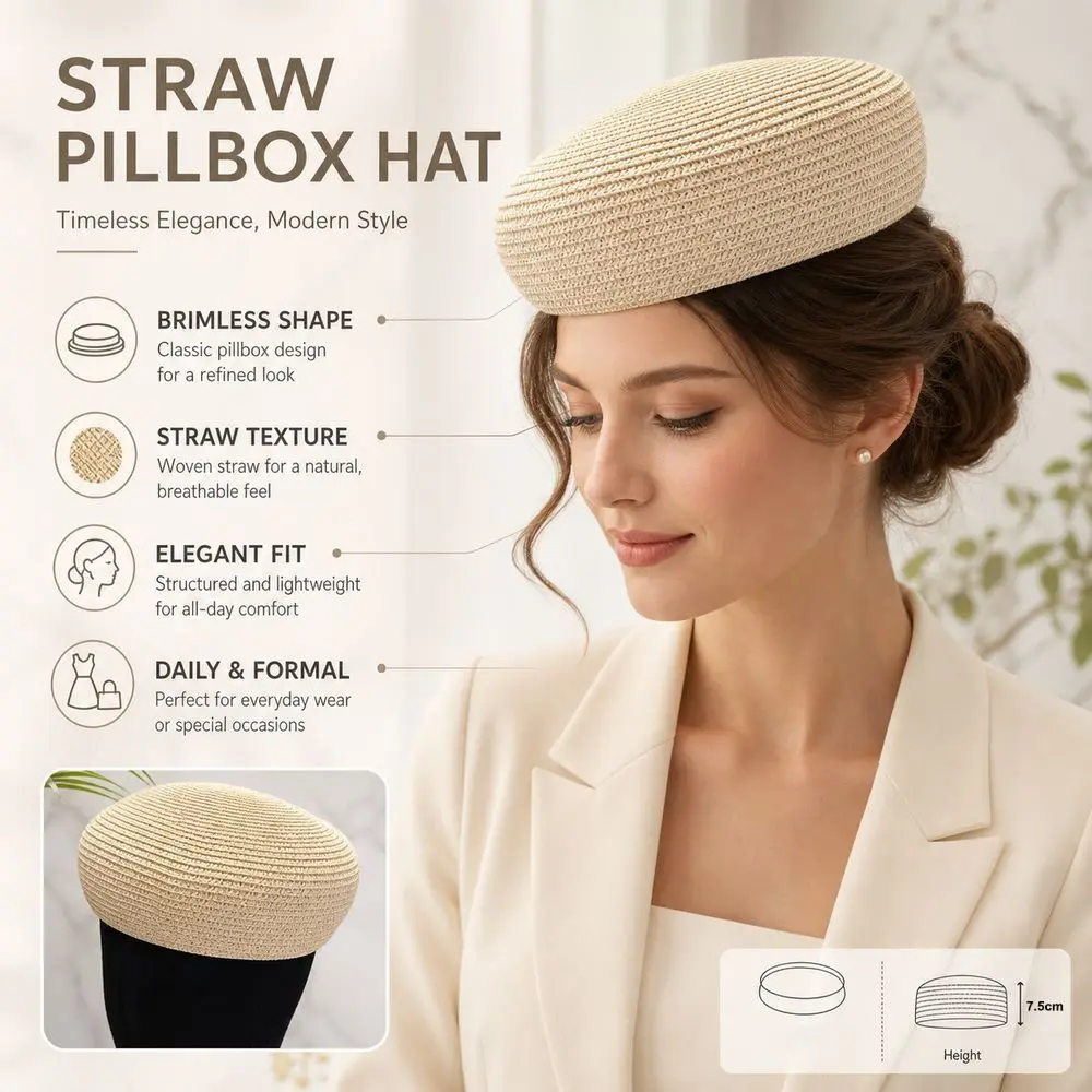 New Solid Women's Straw Pillbox Hat Structured Crown Round Shape Brimless Cap Vintage Style Painter Hat Formal Occasions
