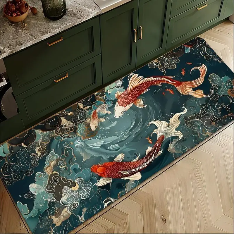Vintage Oriental Carpet Rug Home Decoration Koi Fish Floor Mat Living Room Hallway Kitchen Black Gold Patterns Bedroom Decor