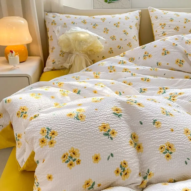 Floral Ins Style Bedding Set No Filler Pink Yellow Soft Single Double King Size Duvet Cover Flat Fitted Sheet Pillowcase Set