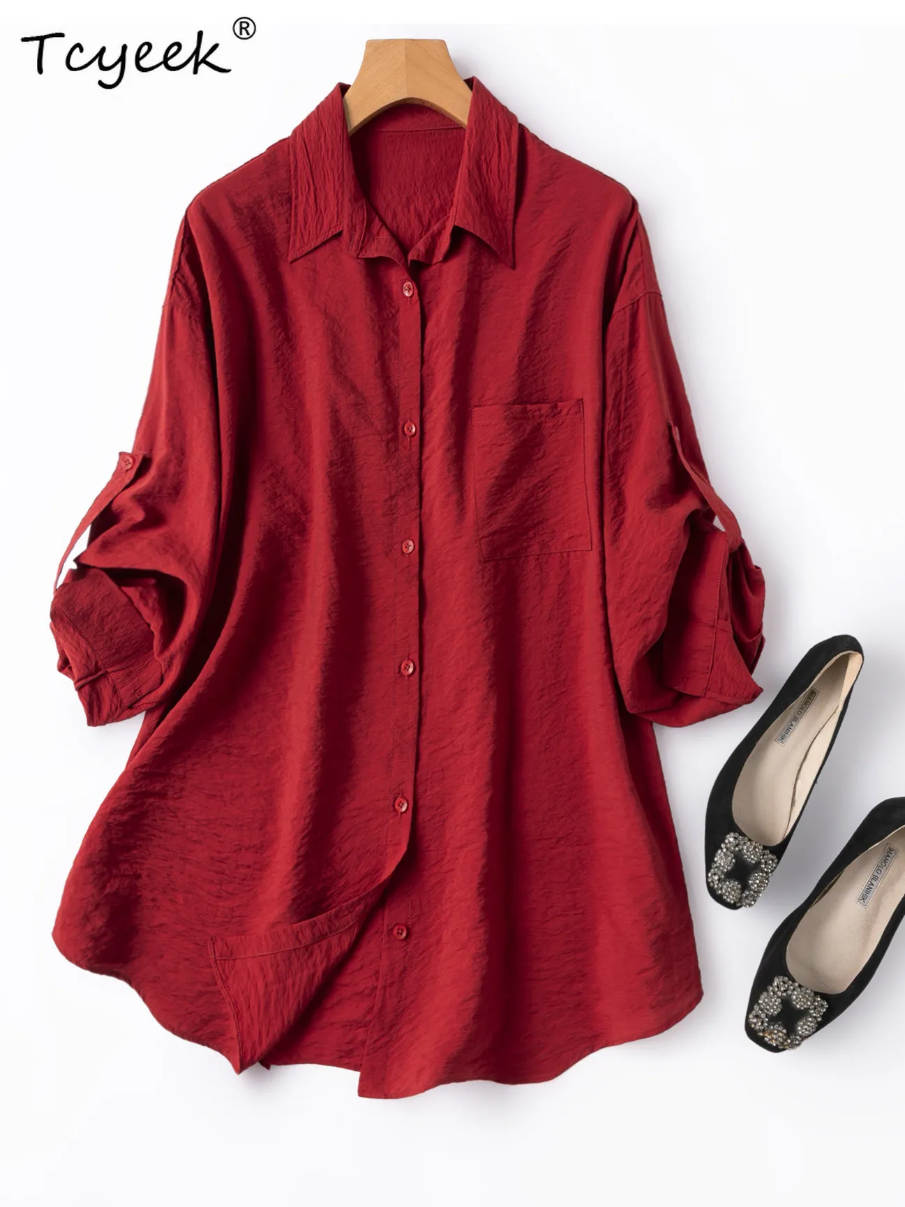 

Tcyeek 76% Mulberry Silk Shirt 2026 Summer Clothes Elegant Womens Shirts Long Sleeve Top Women Red Cardigan Блузка Женская