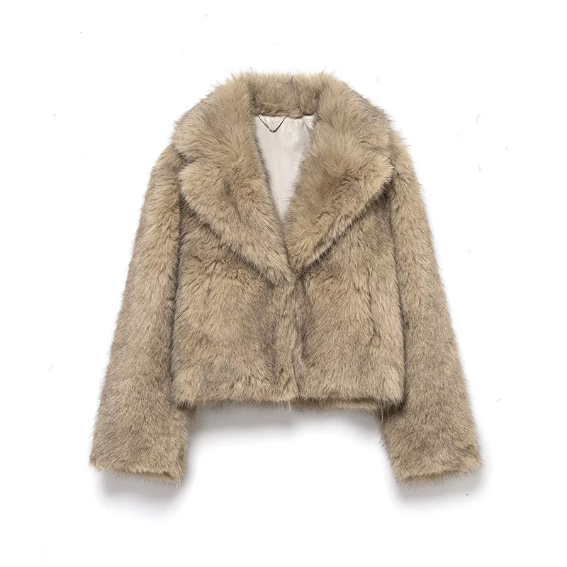 Chaqueta de invierno elegante de piel sintética para mujer, abrigo cálido y esponjoso de manga larga con solapa, chaquetas cortas, moda de calle alta, nueva ropa de abrigo