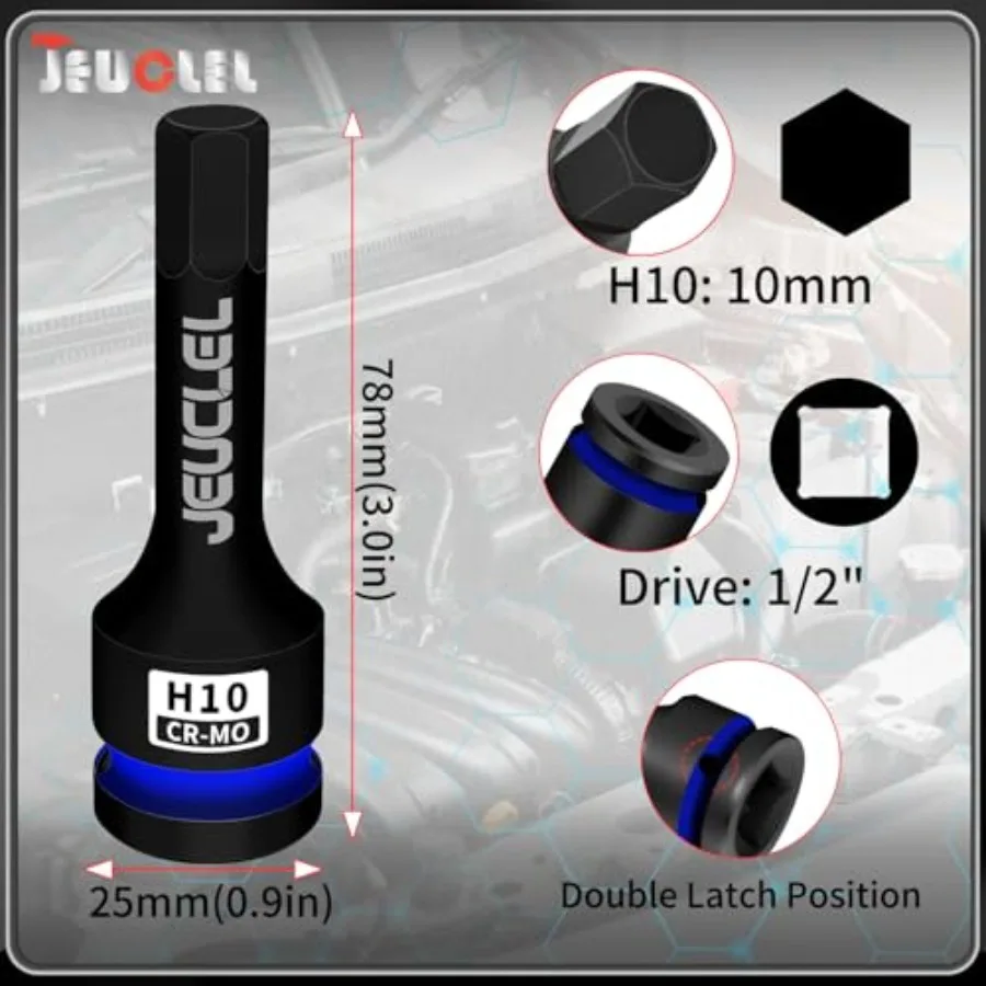 10mm Hex Impact Bit Socket, H10 1/2-Inch Impact Drive Allen Socket, Cr-Mo Steel Lengthen Hex Screwdriver Adapter for Electric R