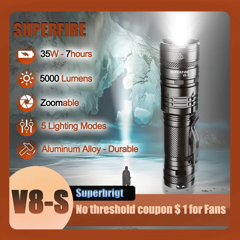 

New SUPERFIRE V8-S 36W High Power LED Tactical Flashlight 5000LM Telescopic Zoom Torch USB Rechargeable Camping Fishing Lantern