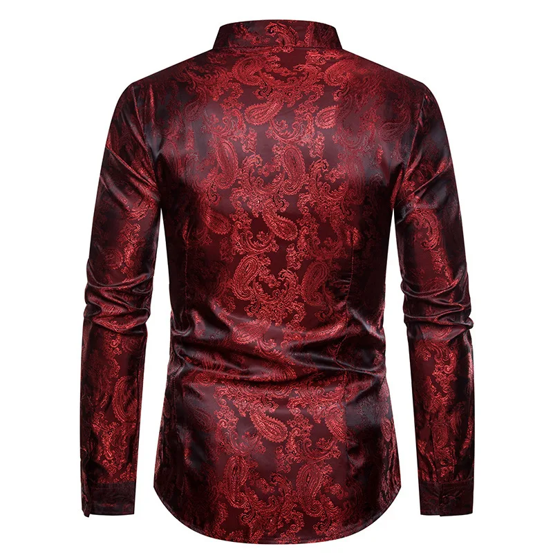 Stilvolle Wein Red Paisley Jacquard Kleid Shirts Männer Stehen Kragen Hochzeit Club Partei Social Hemd Männlich