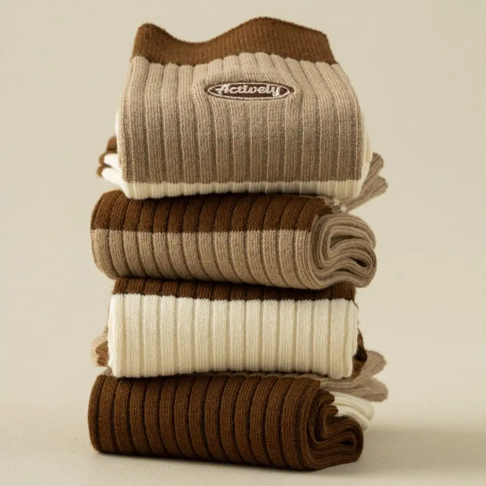 

5Pairs College Style Retro Women's Cotton Socks Soft Thin Stripe Tube Socks Hosiery Breathable Mid-calf Socks for Four Seasons