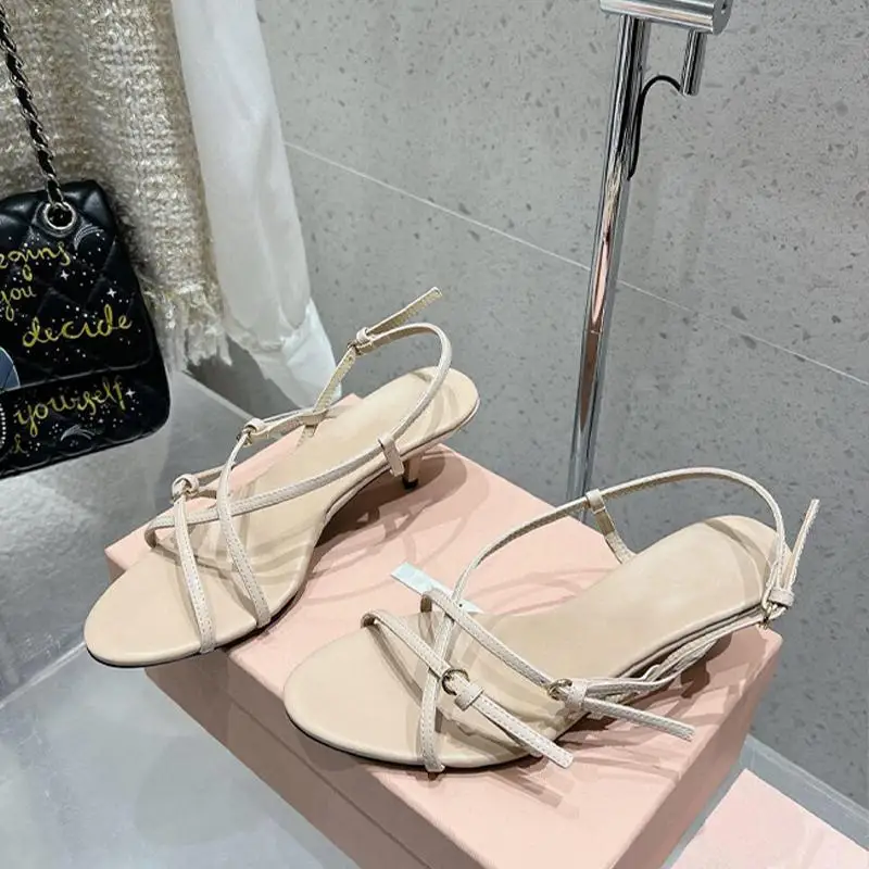 2025 Spring/Summer New Retro High Heel Strap One Button Open Toed Sandals for Women