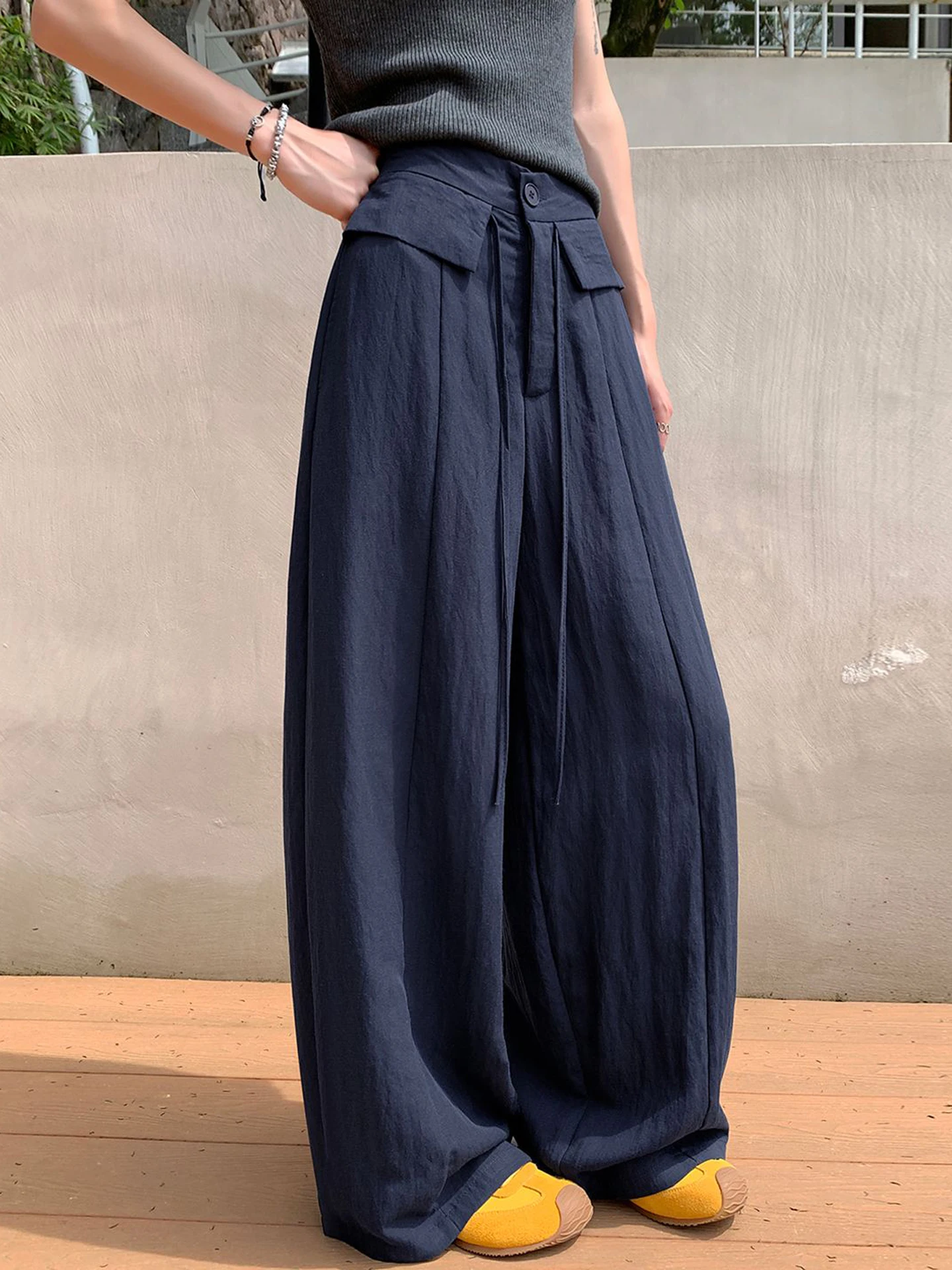 

High Waist Ice Silk Cotton Linen Wide Leg Pants Women Summer Thin Straight Casual Drapey Pants Korean Style Simple Color